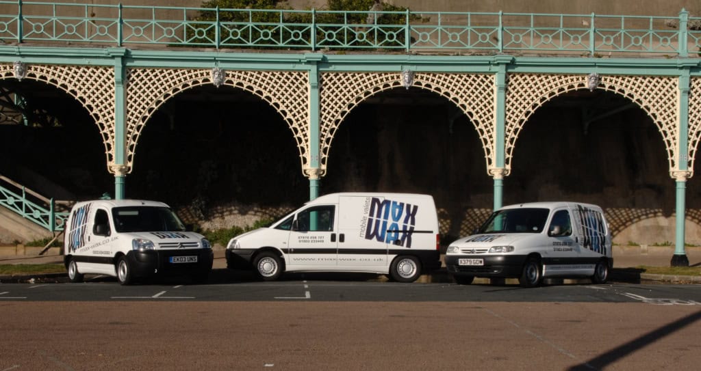 The first three MAX WAX vans lined up on Madeira Drive, Brighton, in 2004