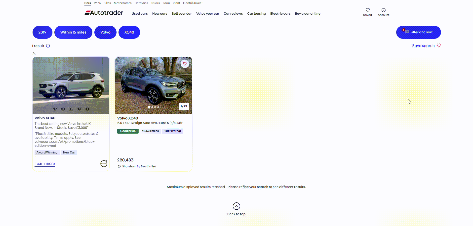The actual AutoTrader listing for our Volvo XC40 T4 R-Design AWD