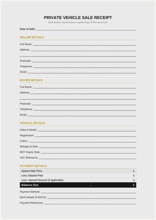 Free Private Vehicle Sale Receipt Template - click to download
