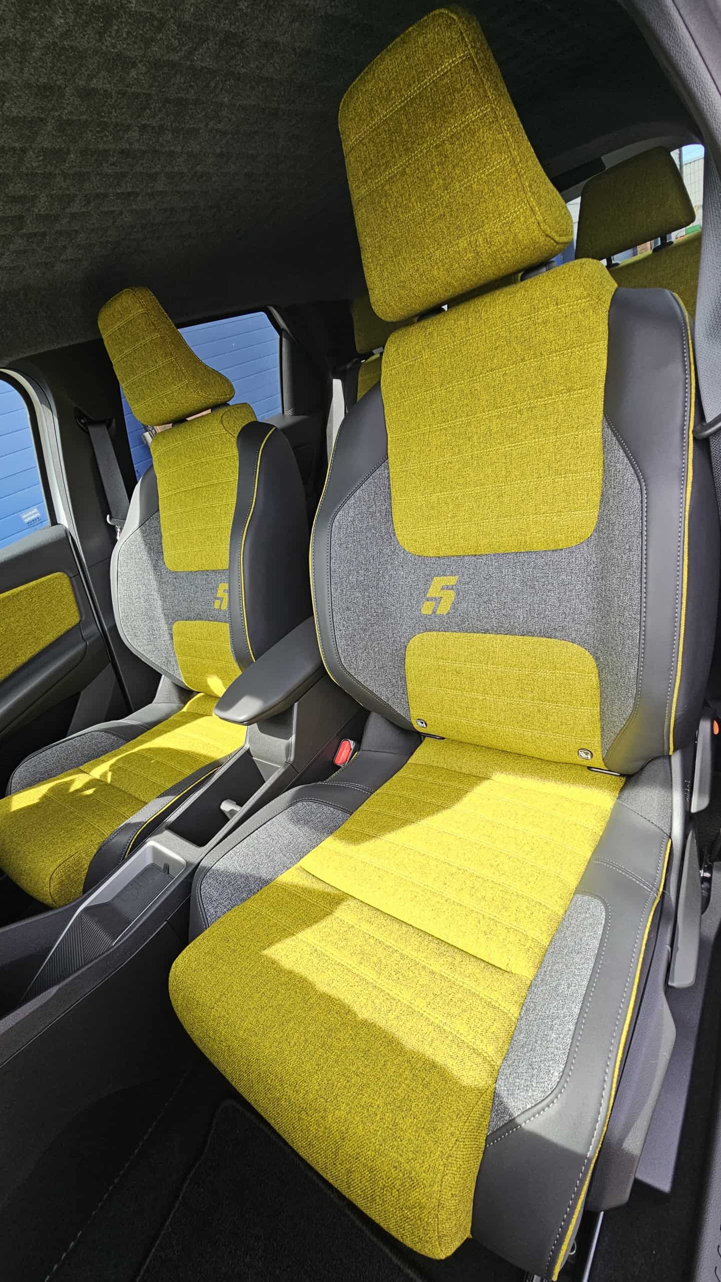 Yellow and grey seat fabric, Williams protection applied