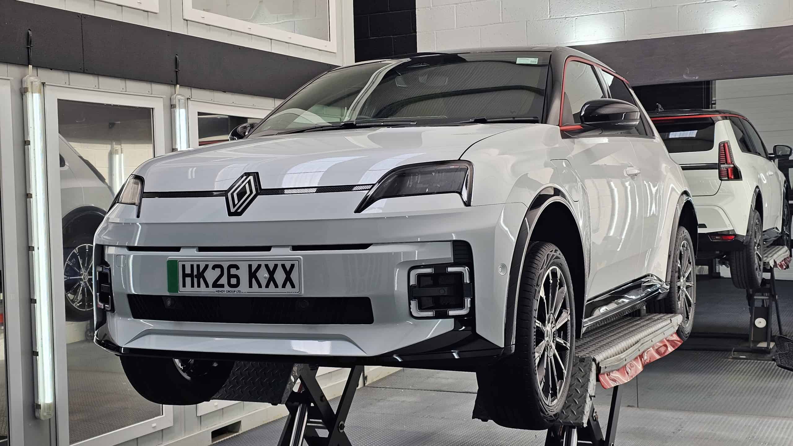 Renault 5 raised on the ramp ready for new car ceramic coating prep