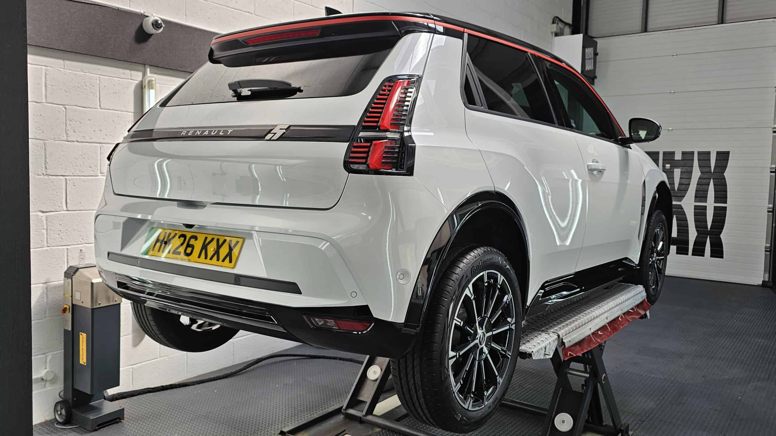 Renault 5 off side on the ramp after new car ceramic coating with Williams 10H