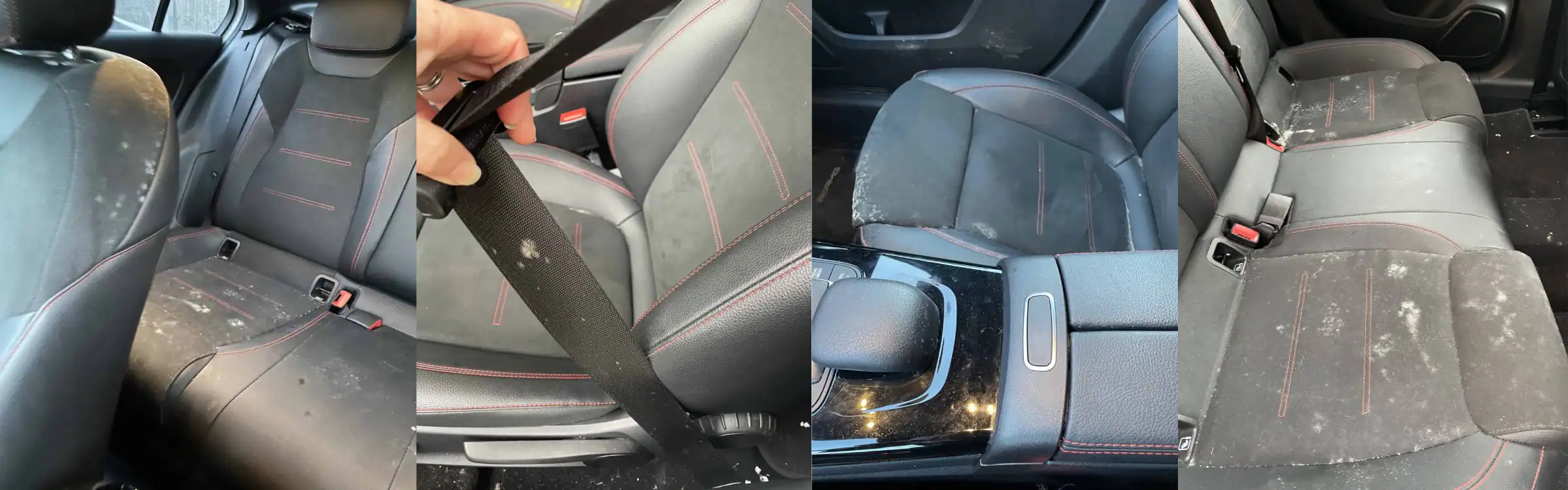 Mould growing across the seats, seat belt and centre console of a Mercedes interior